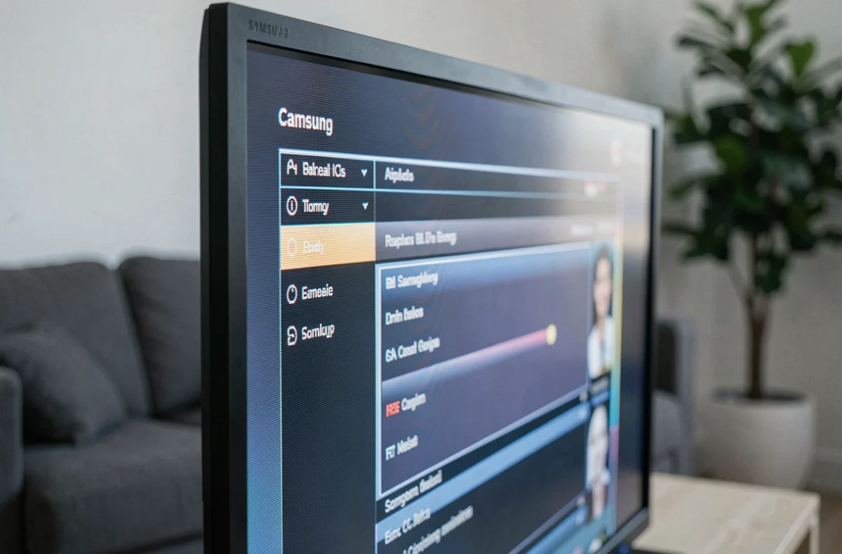 Gros plan sur l'écran d'une télévision Samsung affichant une image décalée avec distorsion visible