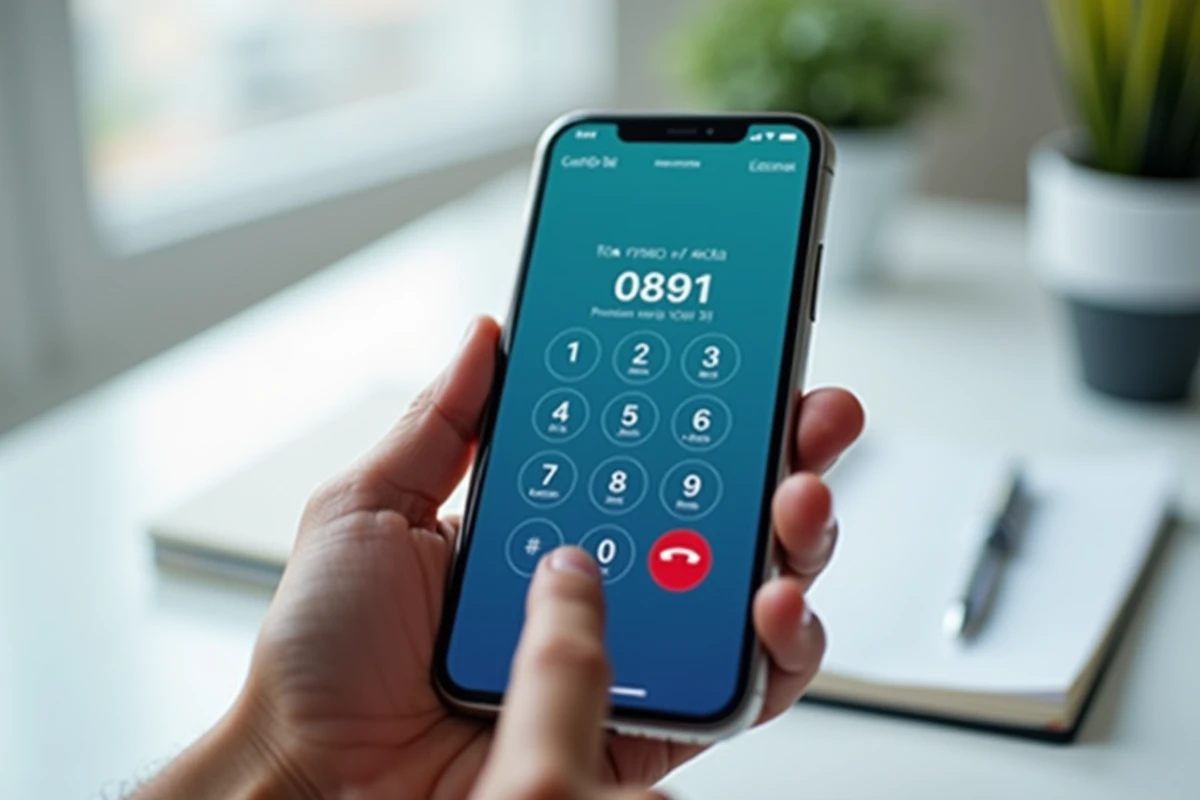 Gros plan sur un smartphone affichant un numéro 0891 surtaxé avant un appel téléphonique