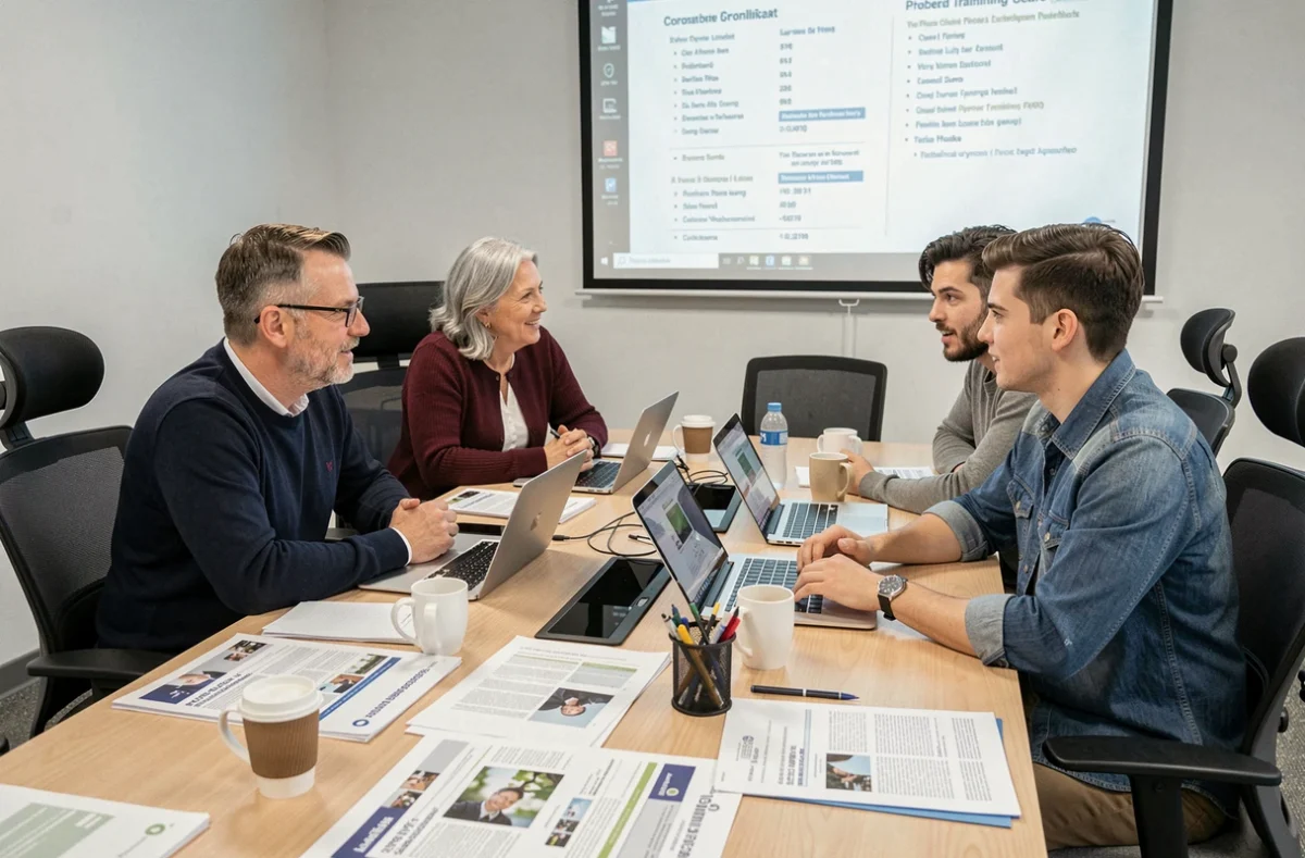 Groupe d'adultes en session de formation professionnelle autour d'une table de réunion