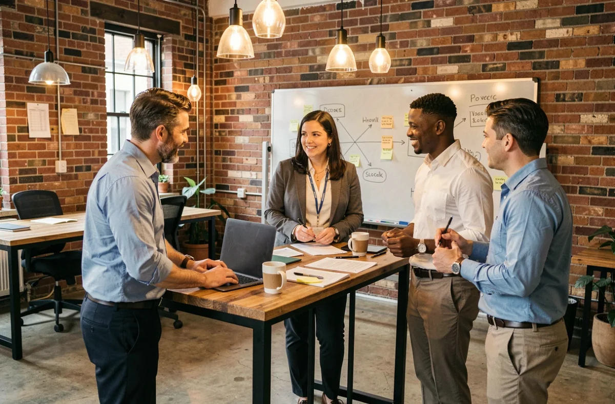Groupe de professionnels en atelier de formation dans un espace de coworking moderne