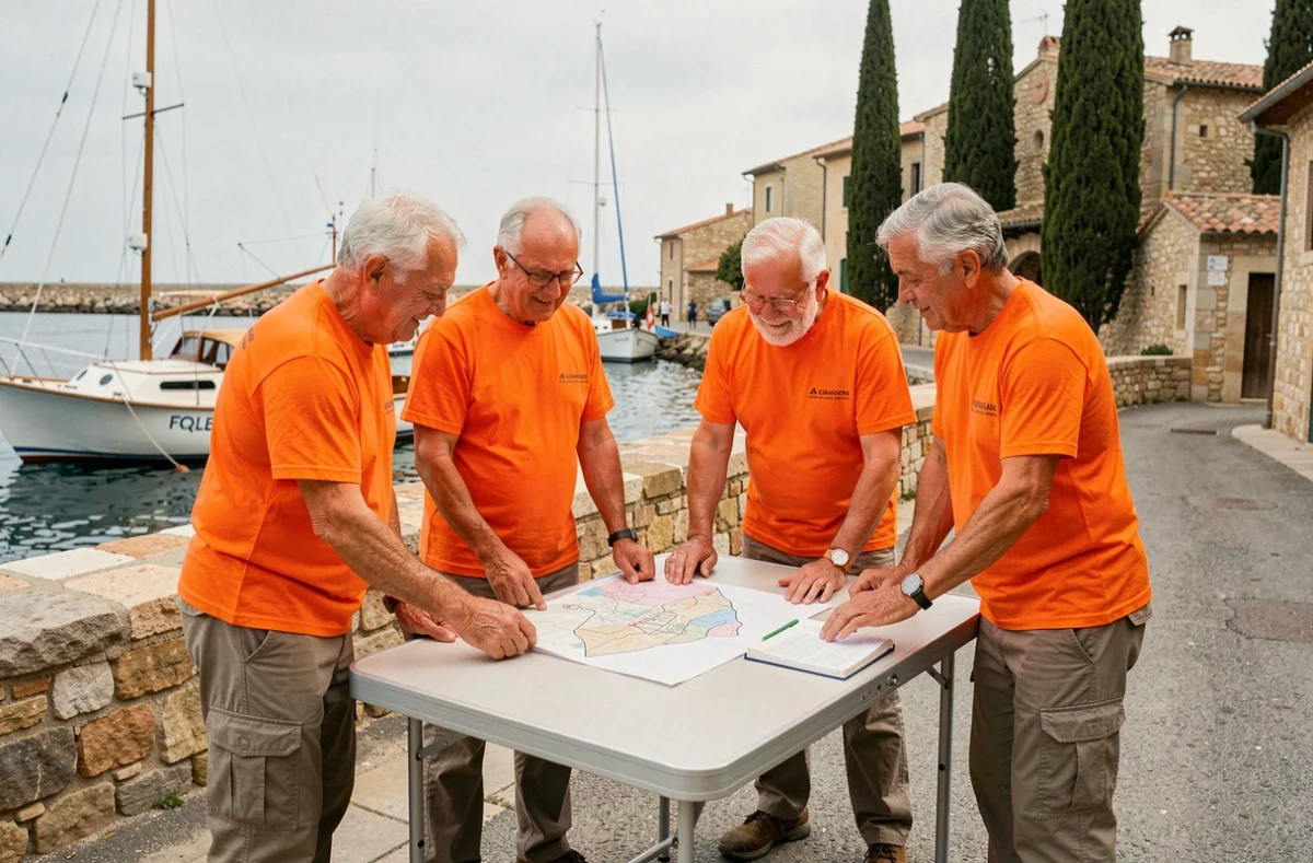 Groupe de seniors bénévoles coordonnant une mission solidaire environnementale sur le littoral méditerranéen en France