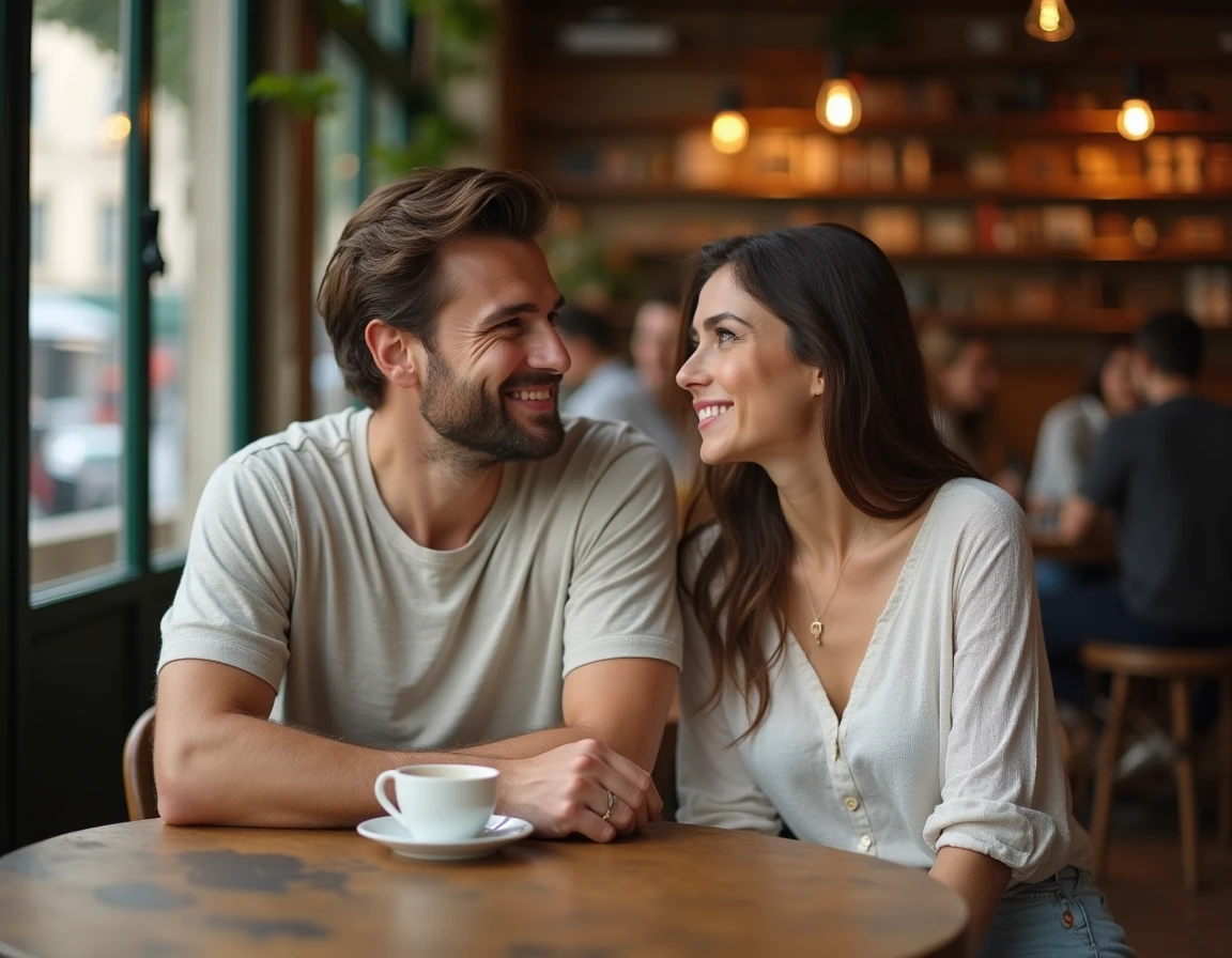 Un homme souriant s'adressant affectueusement à une femme dans un café parisien, illustrant l'usage de l'expression 'ma belle'