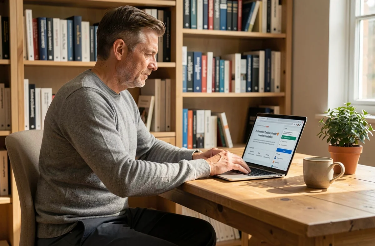 Homme suivant une formation professionnelle en ligne depuis son bureau à domicile