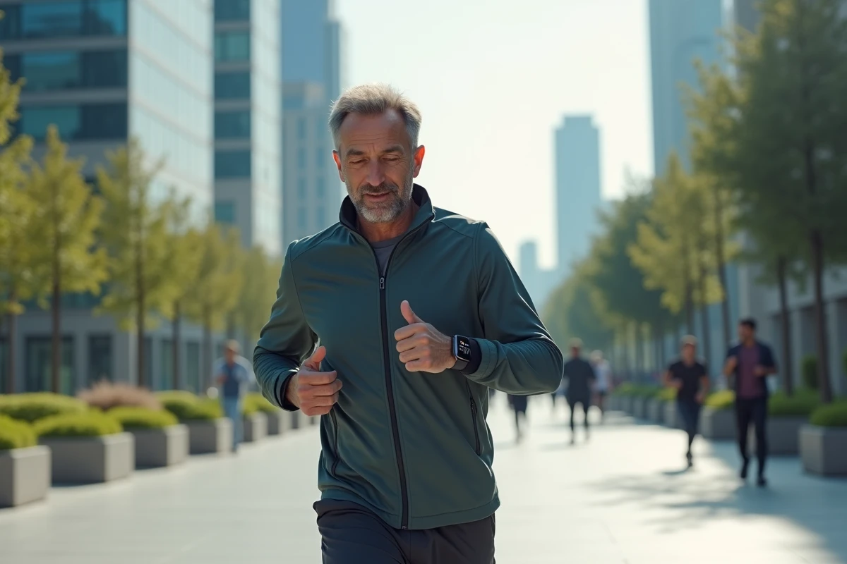 Homme en jogging vérifiant sa smartwatch dans une ville futuriste