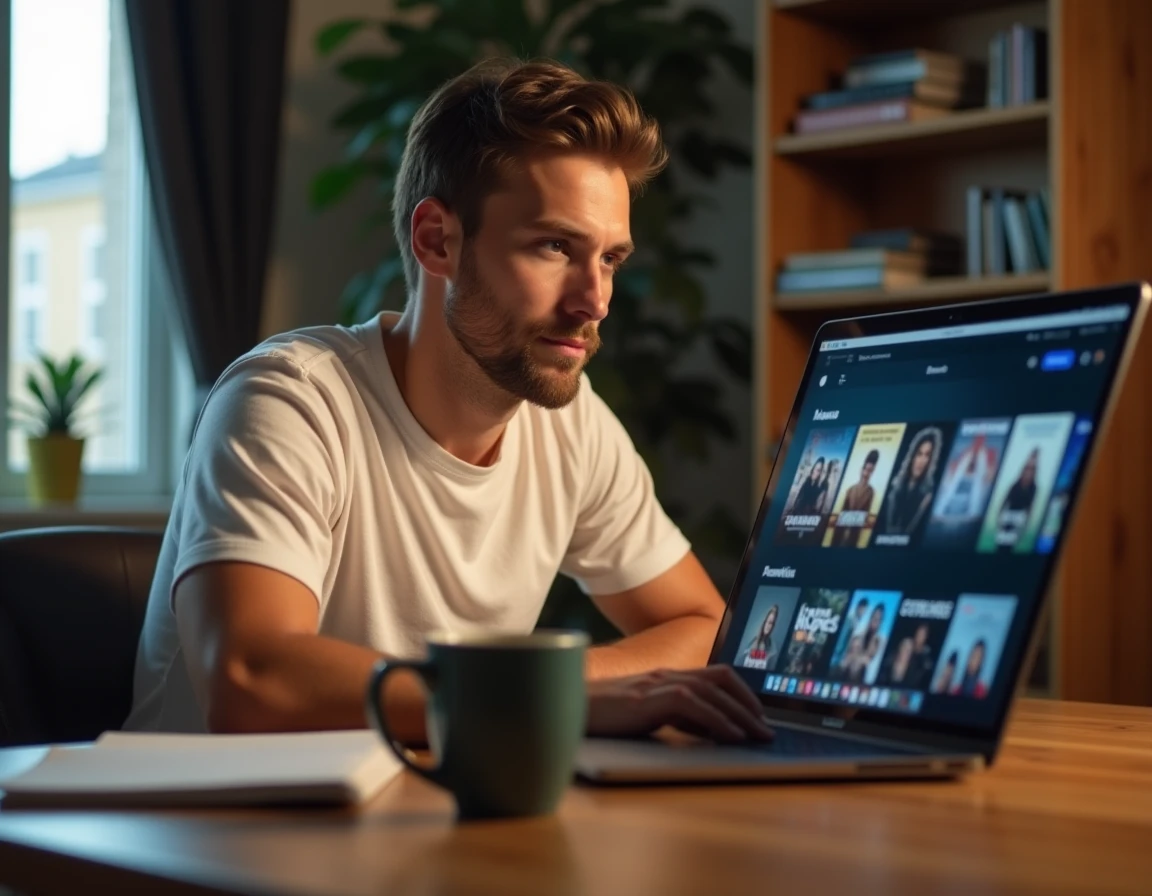 Homme naviguant sur un site de streaming de séries et films en ligne sur ordinateur portable