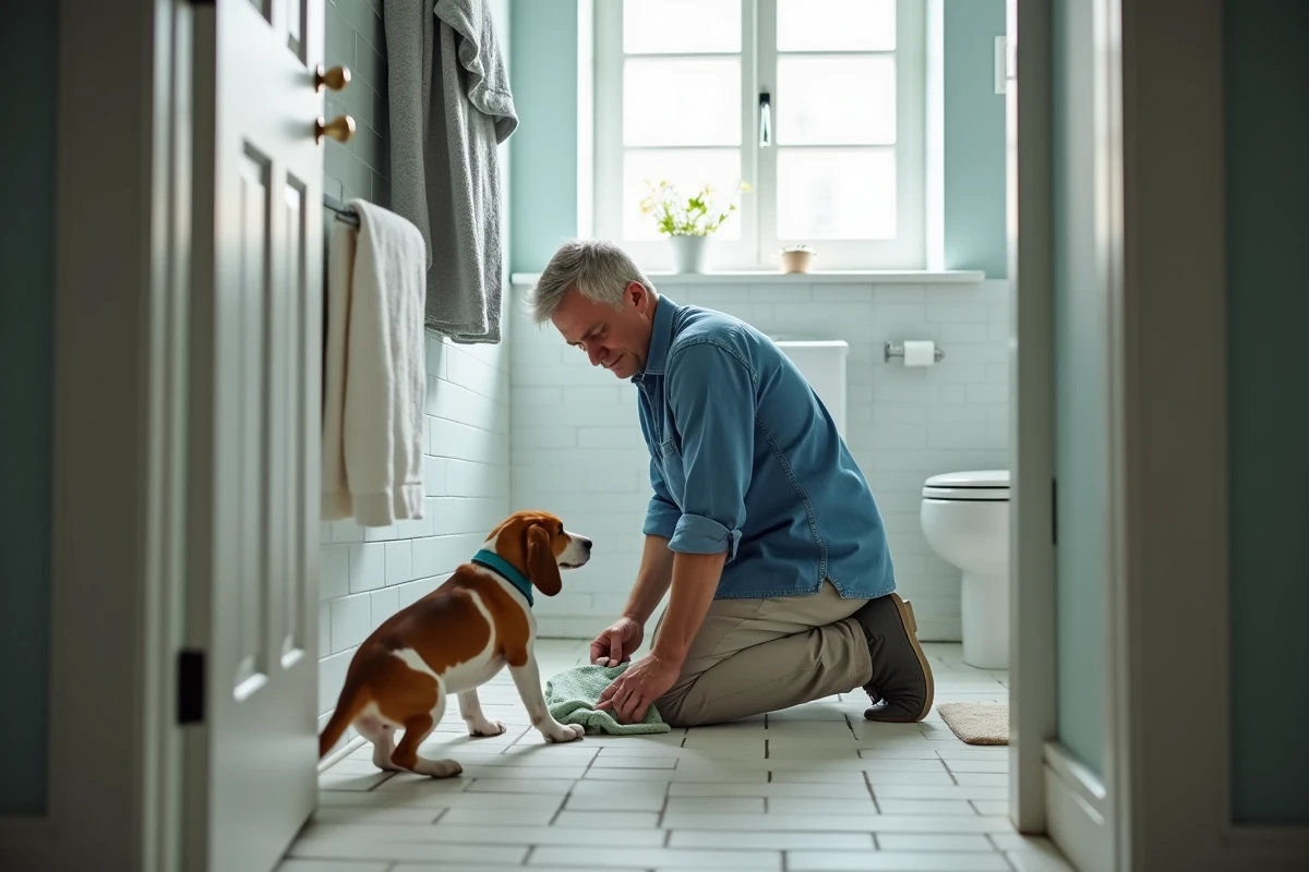 Homme nettoyant le sol de sa salle de bain avec un désinfectant pendant que son chien beagle attend sagement à la porte