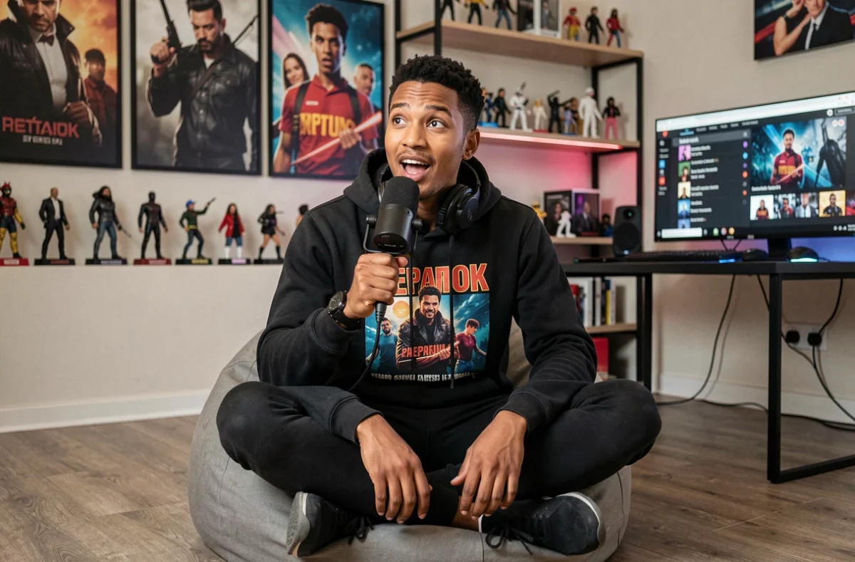 Homme enregistrant un podcast sur la pop culture dans un studio décoré de figurines et affiches iconiques