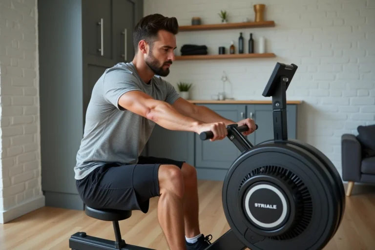 Homme utilisant un rameur Striale dans une salle de sport à domicile, vue de trois quarts montrant la posture et la technique de rame