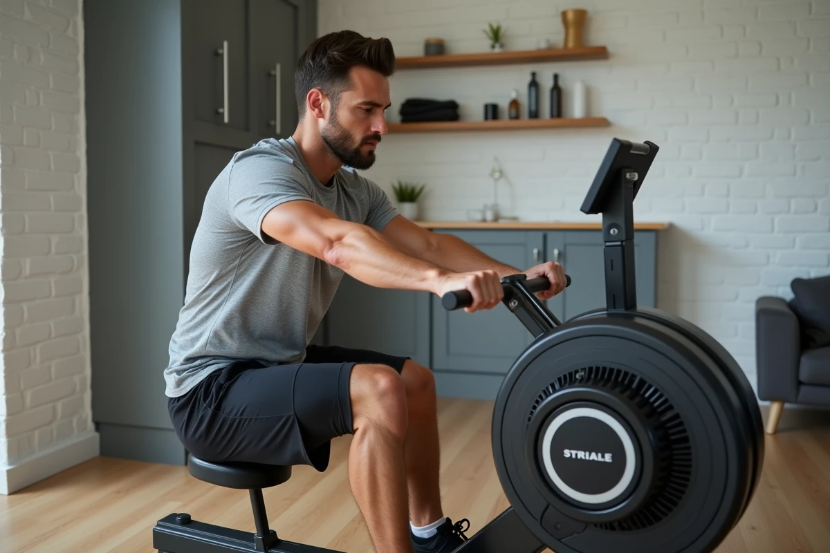 Homme utilisant un rameur Striale dans une salle de sport à domicile, vue de trois quarts montrant la posture et la technique de rame
