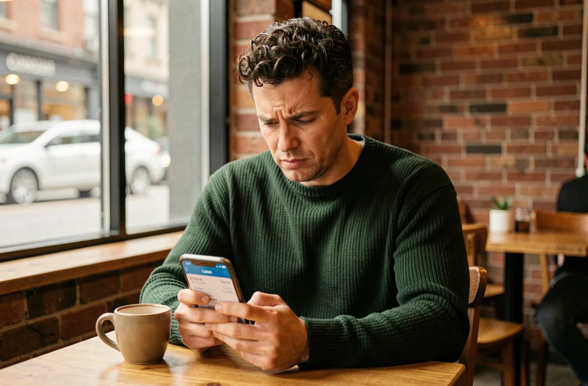 Homme cherchant le meilleur crédit sur smartphone dans un café urbain