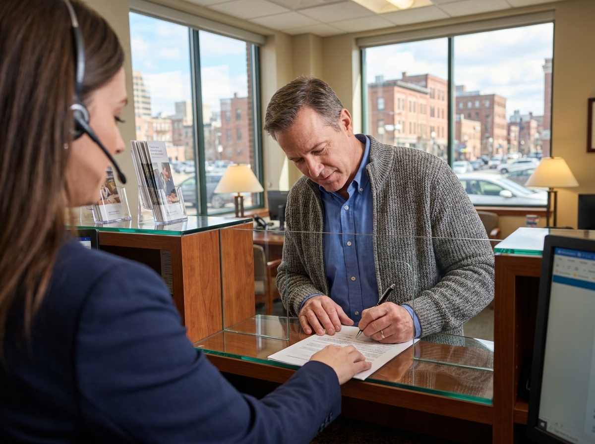 Homme signant un document dans un bureau bancaire lumineux