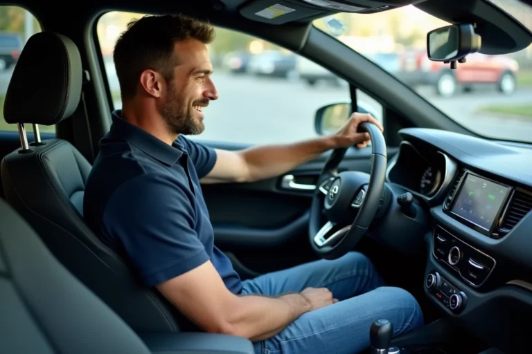 Homme souriant utilisant l'écran de la voiture moderne