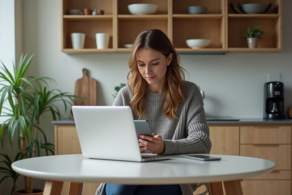 Jeune femme française utilisant un ordinateur portable dans une cuisine moderne