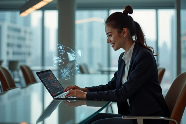 Jeune femme en blazer interactant avec un écran tactile au bureau