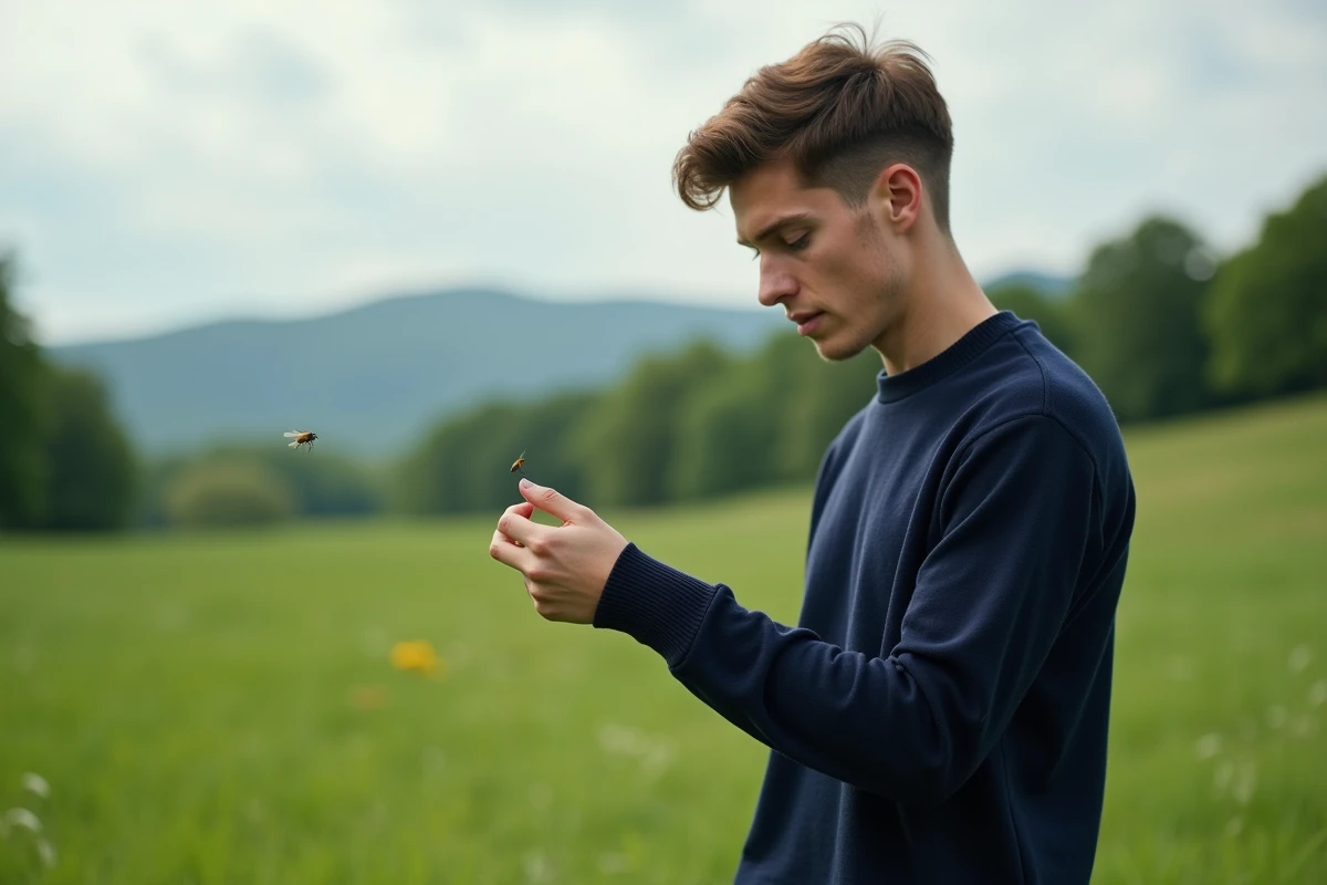 Jeune homme regardant une mouche sur sa manche