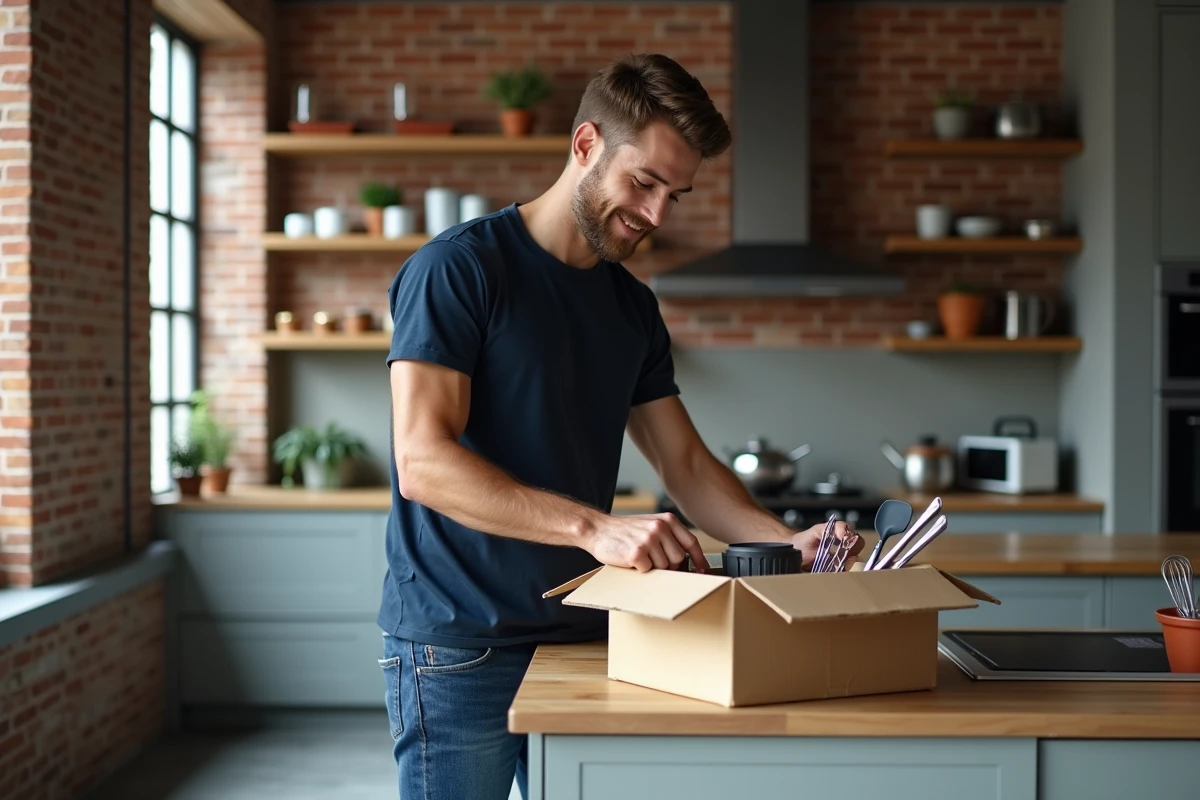 Jeune homme déballant des outils de cuisine dans un loft