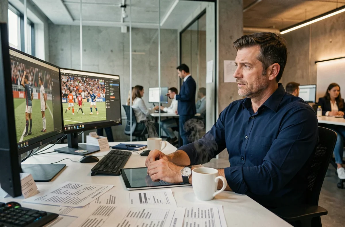 Journaliste sportif dans une salle de rédaction moderne analysant les dernières tendances du sport sur des écrans