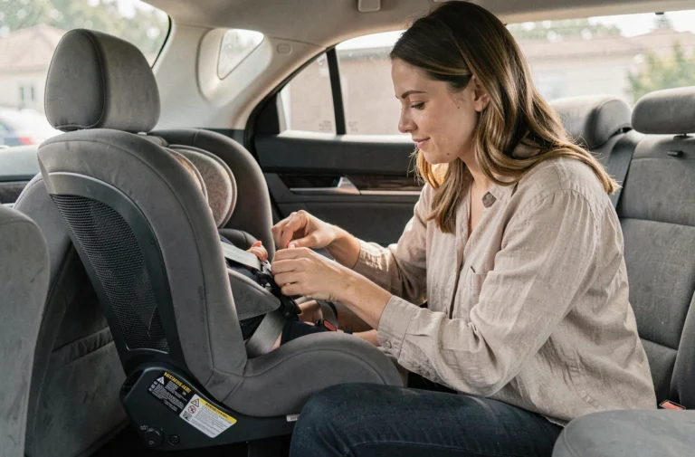 Mère installant un siège auto dos à la route dans un SUV moderne pour sécuriser son bébé