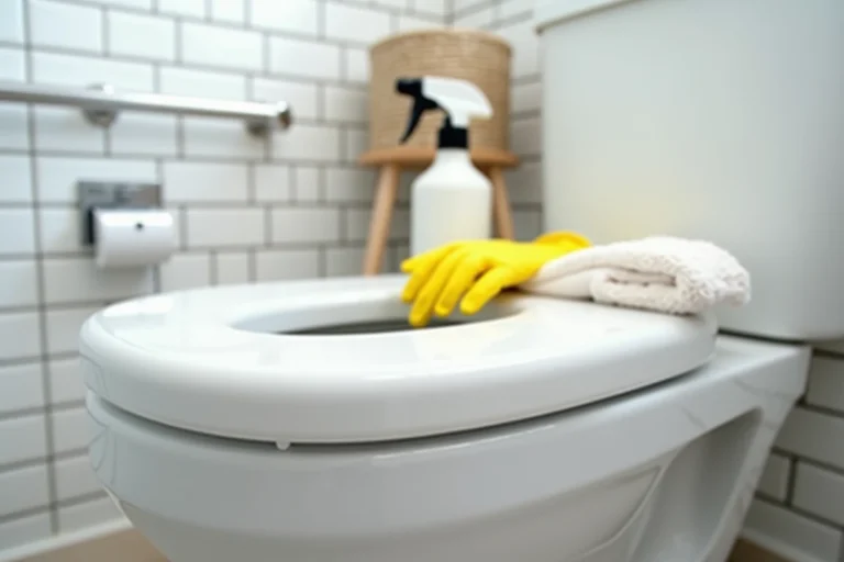 Rehausseur WC en mousse blanche posé sur des toilettes modernes avec gants en caoutchouc et produit nettoyant pour l'entretien
