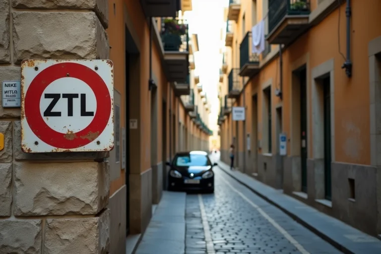Panneau de zone à trafic limité ZTL à l'entrée d'une rue historique de Palerme avec une voiture de location et des façades baroques en arrière-plan