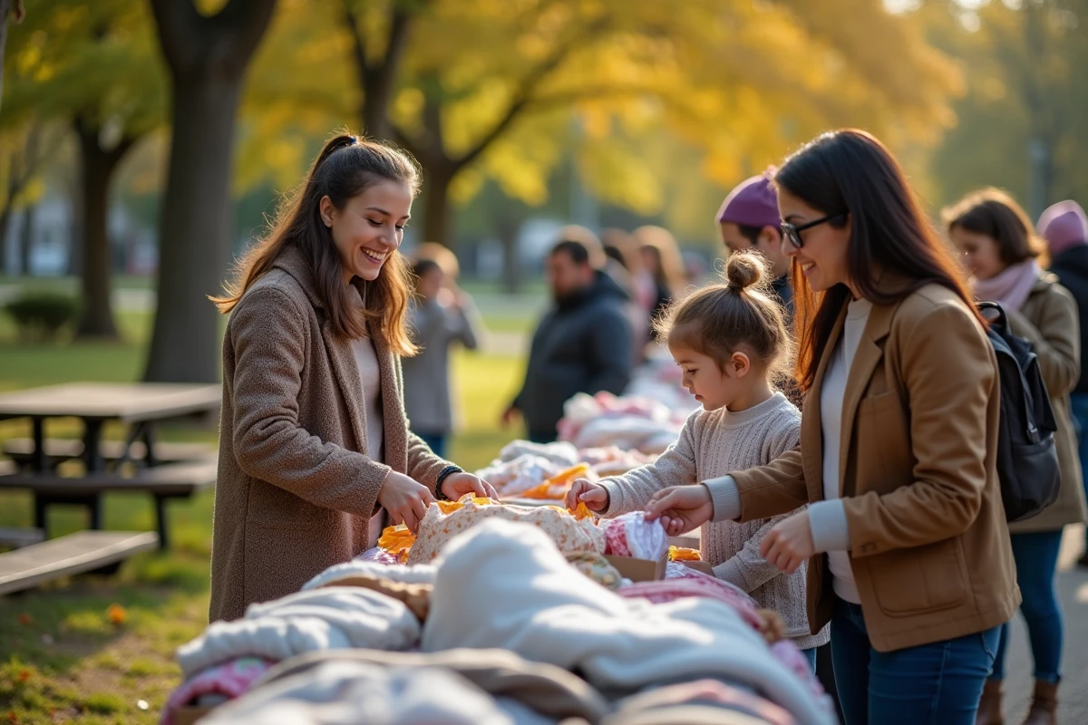 Familles participant à un troc de vêtements en plein air