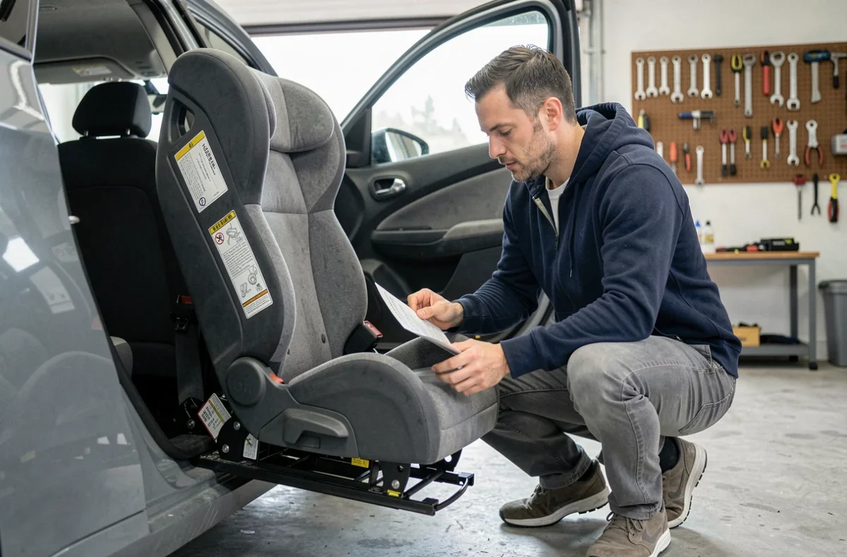 Père vérifiant l'installation des connecteurs ISOFIX d'un siège auto dans un hayon compact