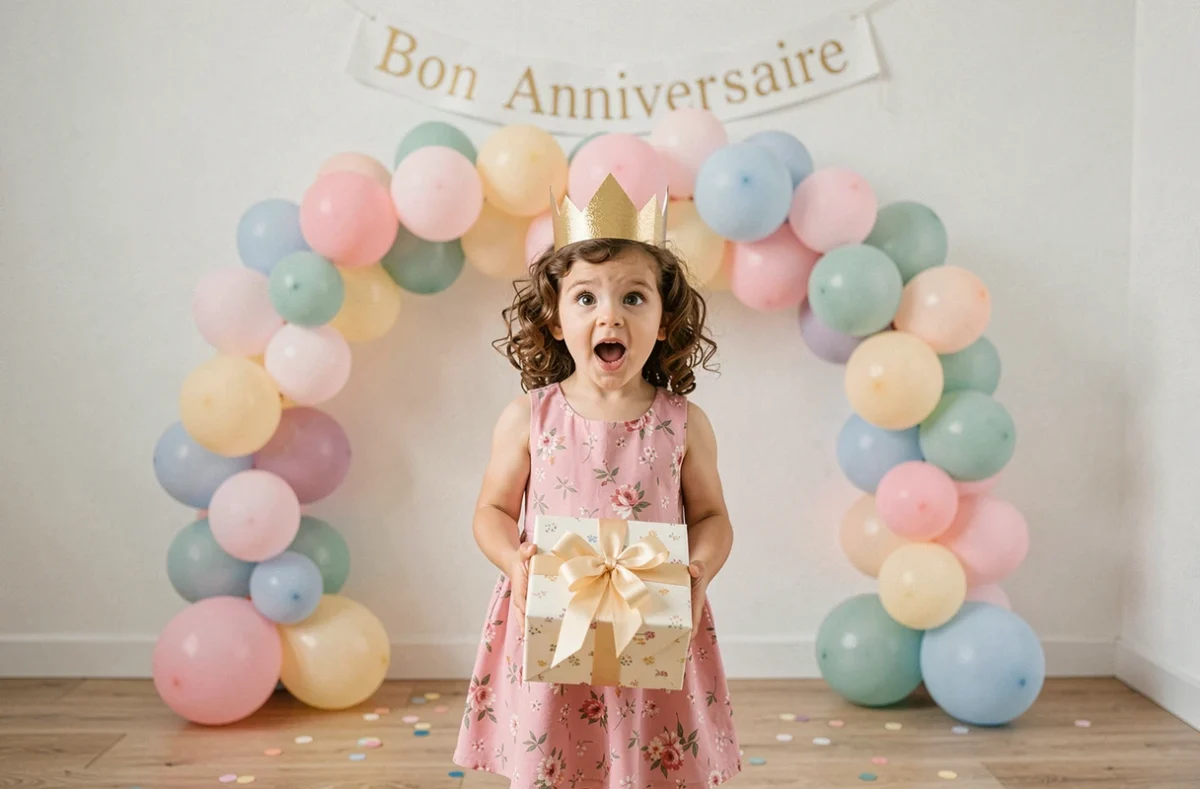 Petite fille souriante portant une couronne dorée et tenant un cadeau emballé devant un arc de ballons pastel lors de son anniversaire