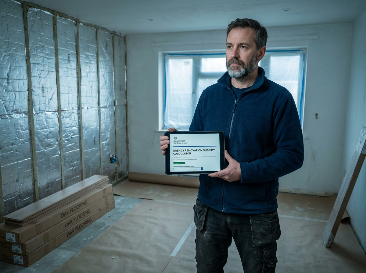 Propriétaire consultant un simulateur de prime renov sur tablette dans un salon en cours de rénovation énergétique