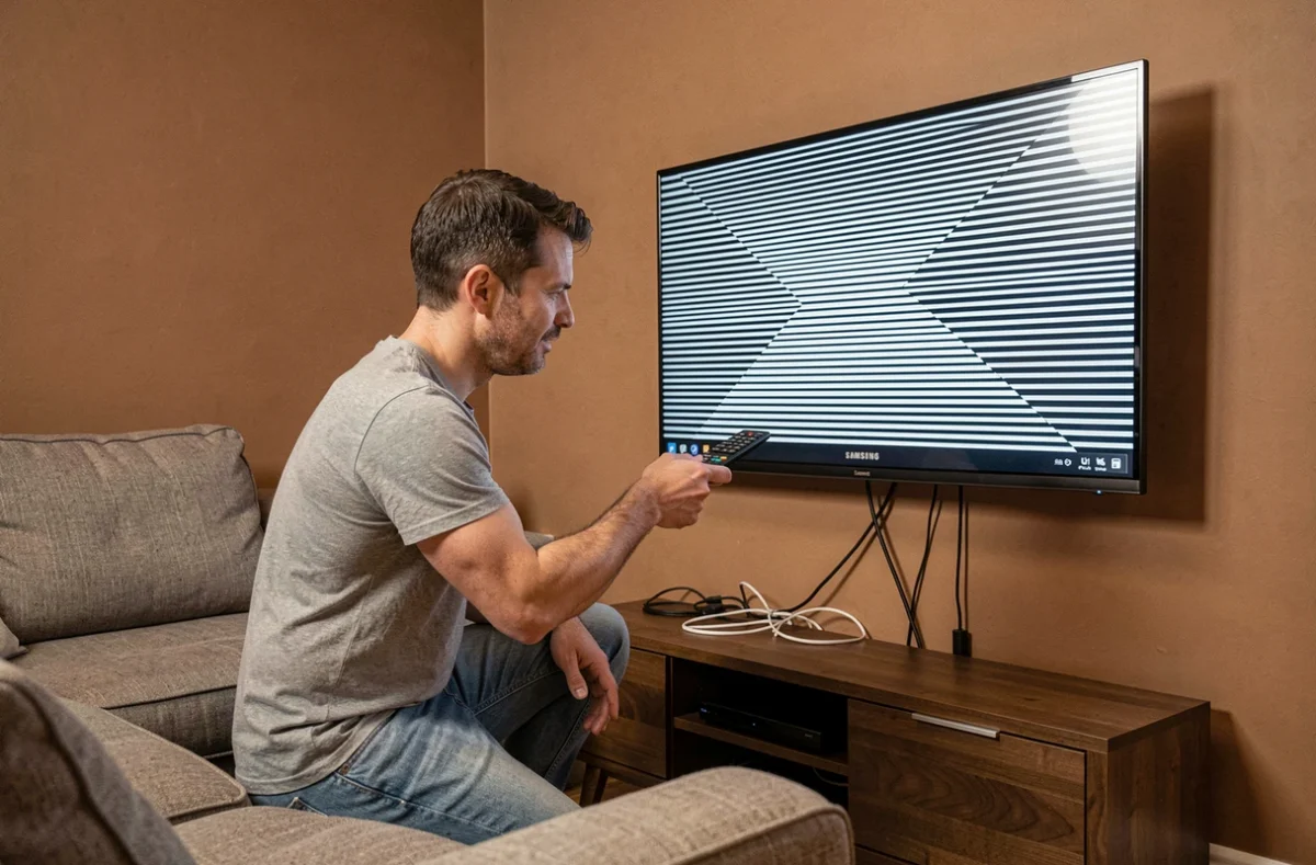 Homme en train de régler une image décalée sur une télévision Samsung dans un salon moderne