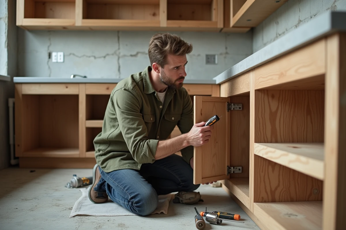 Homme en train d'installer des meubles de cuisine en bois brut lors de travaux de rénovation intérieure