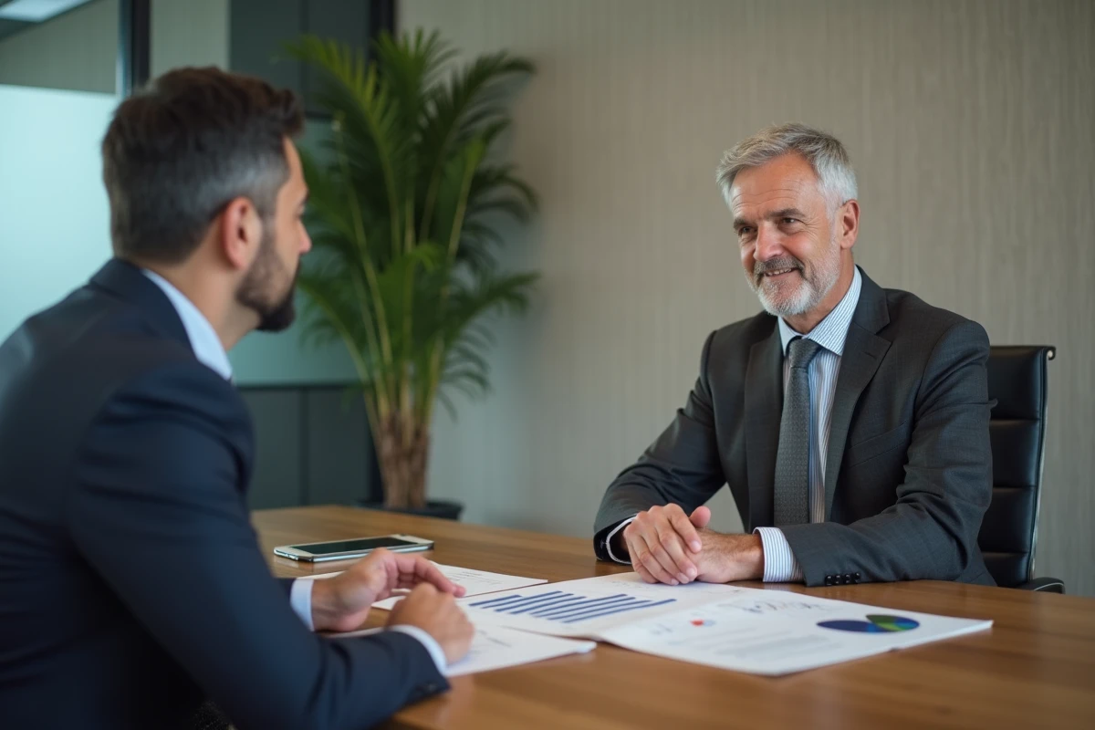 Client et conseiller en gestion de patrimoine discutant de stratégies d'investissement autour d'une table de réunion avec des graphiques financiers