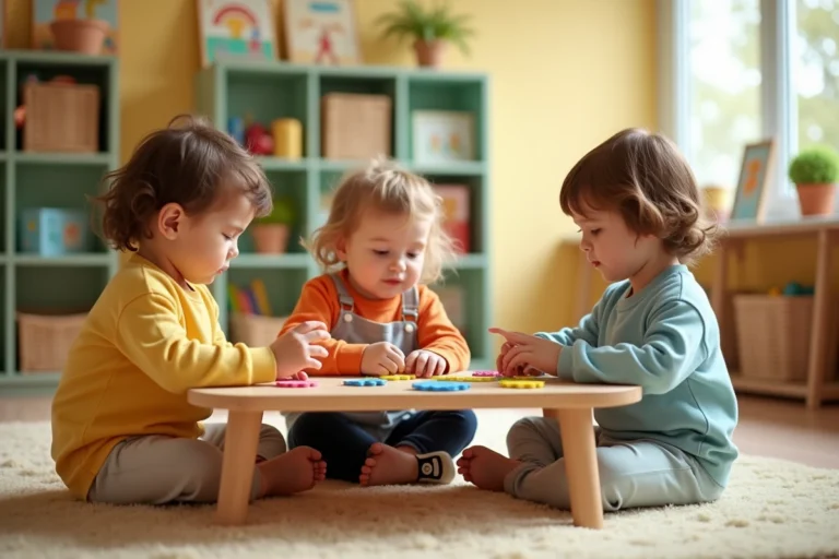 Enfants jouant dans une salle de crèche colorée avec des jouets éducatifs en bois