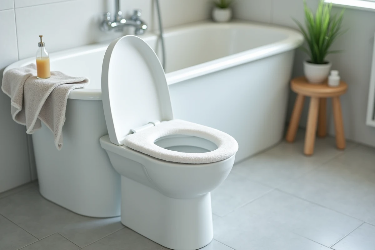Rehausseur WC en mousse mis à sécher contre une baignoire après nettoyage avec du vinaigre blanc dans une salle de bain