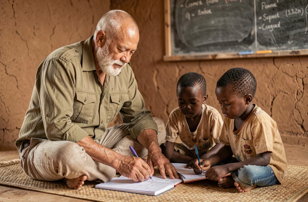 Senior bénévole français accompagnant des enfants dans une mission éducative solidaire dans un village d'Afrique de l'Ouest