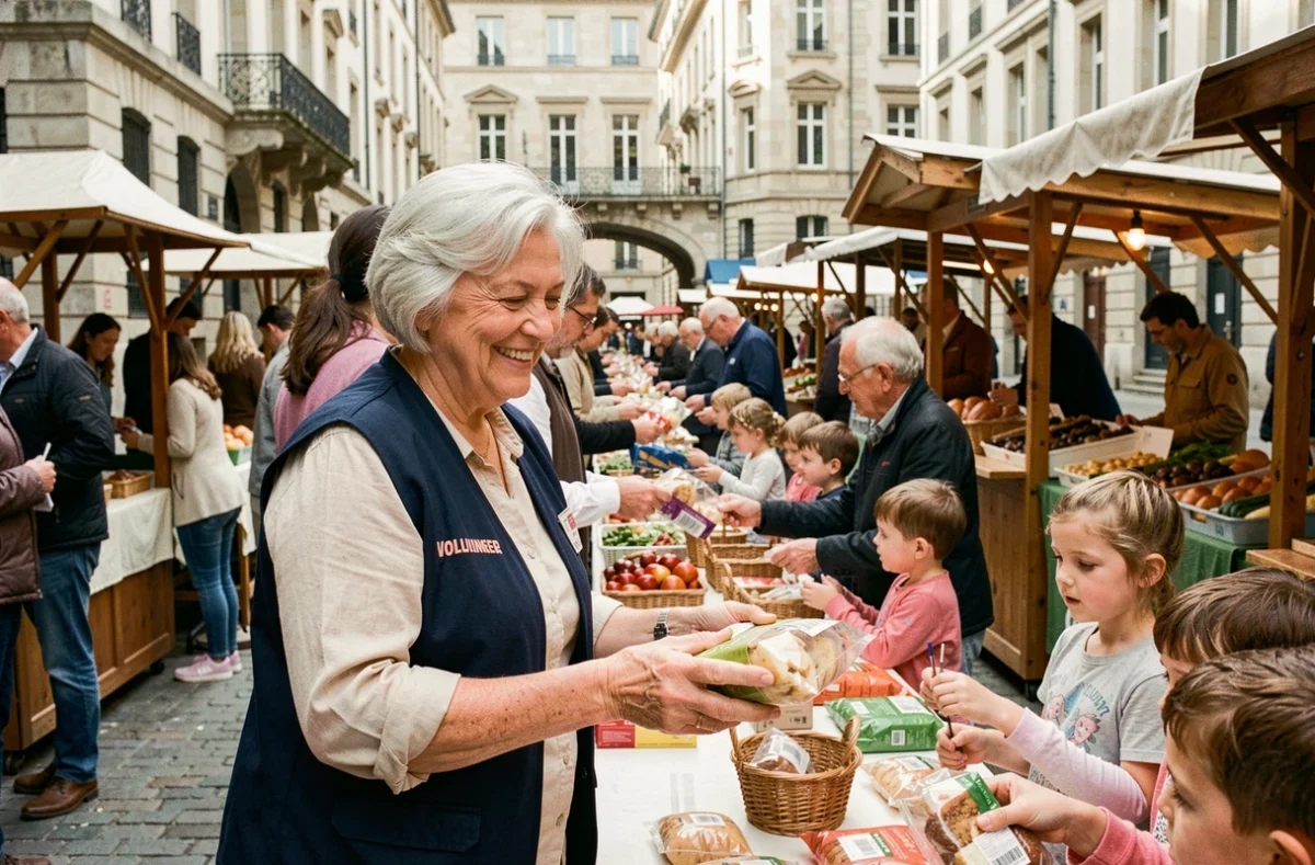 Femme senior bénévole distribuant des colis alimentaires lors d'une mission solidaire dans un marché urbain en France