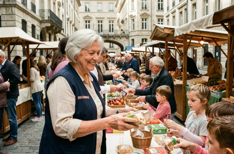 Femme senior bénévole distribuant des colis alimentaires lors d'une mission solidaire dans un marché urbain en France