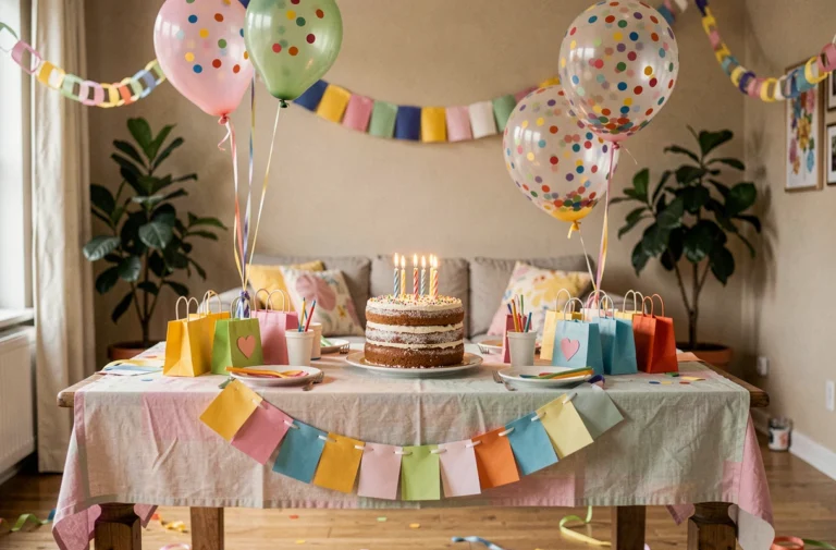 Table d'anniversaire enfant décorée avec gâteau, ballons colorés et guirlandes en papier dans un salon chaleureux