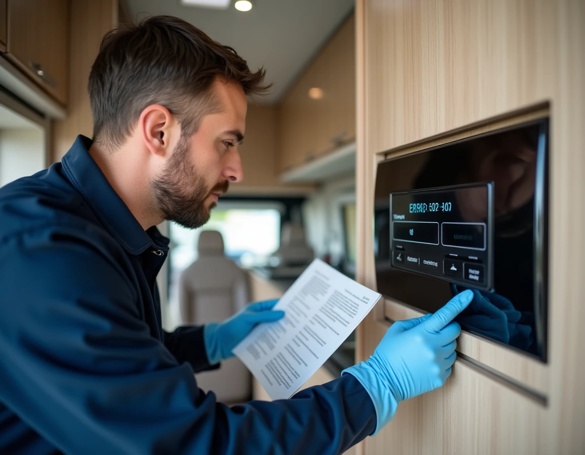 Technicien inspectant un code erreur sur un chauffage Truma Combi dans un camping-car