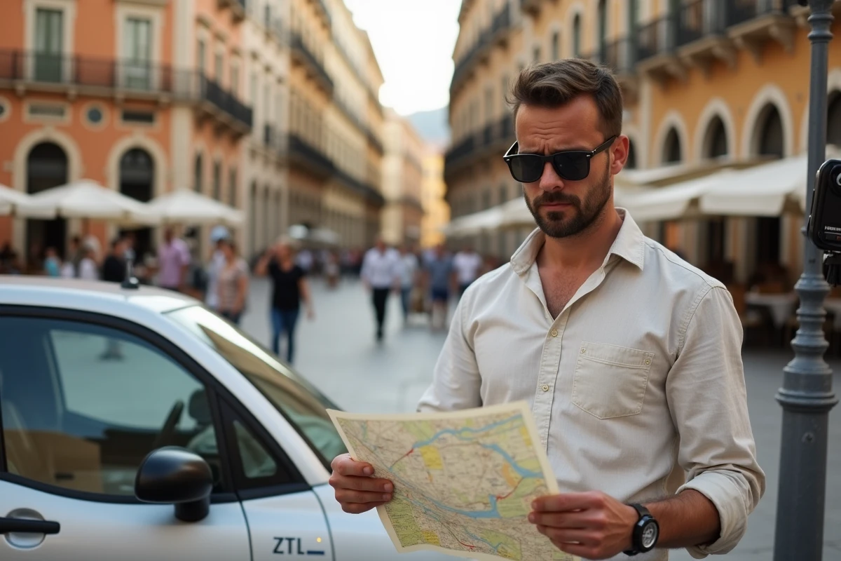 Touriste consultant une carte à côté de sa voiture de location près d'une caméra de contrôle ZTL dans une piazza du centre historique de Palerme